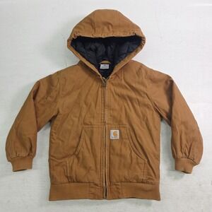 Carhartt Brown Duck Canvas Hooded Full Zip‎ Quilt Lined Jacket Youth Boys S 7/8